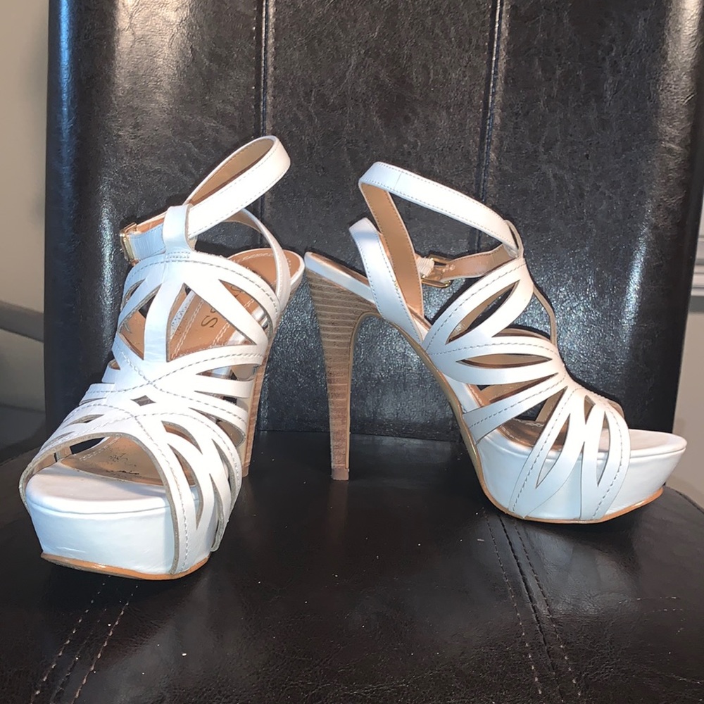White 6in Leather Cutout Guess Platform Heels